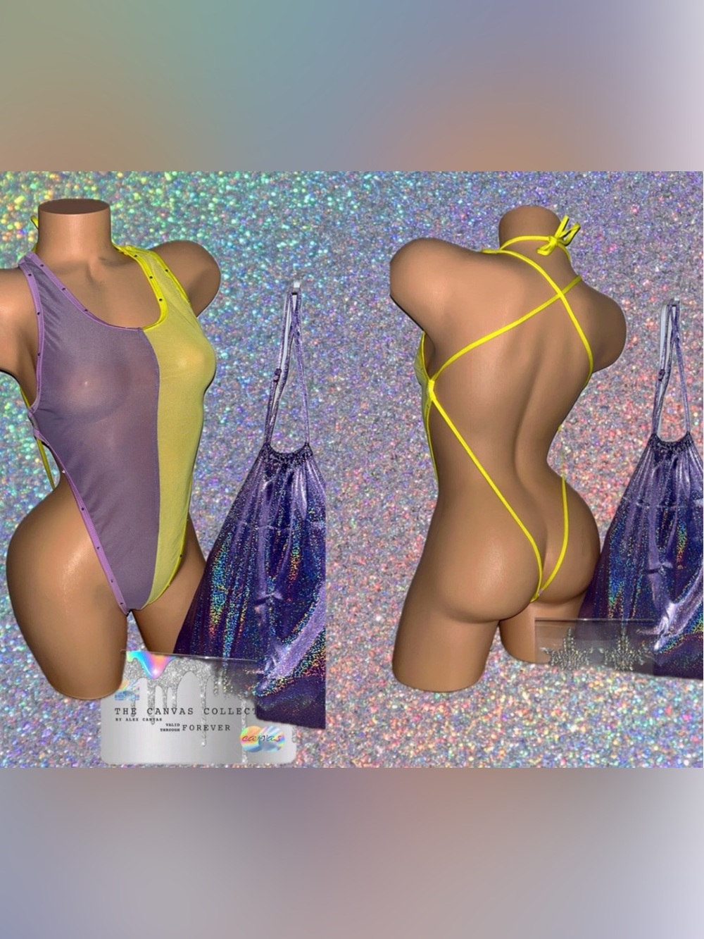 Stripper Outfit:Yellow/ Purple 1 piece with Crisscross Back, bag, & pasties